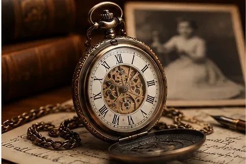 Taschenuhr / altes Foto Alte Taschenuhr vor historischem Foto – Symbol für die Geschichte hinter einem Verkaufsobjekt.